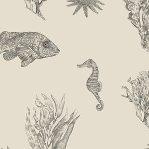 Solent Snapper wallpaper by XV Interiors in cream, close-up of fish, seahorses and coral