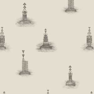Cardinal wallpaper by XV Interiors in cream, pattern sample of lighthouses and buoys