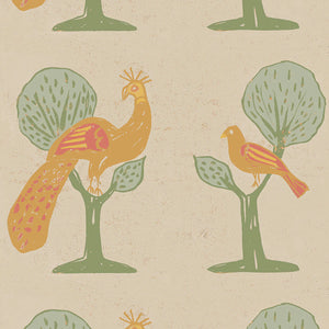 A Jackdaw and Peacock Feathers wallpaper by Annika Reed in orange and green, close-up of birds and stylised trees