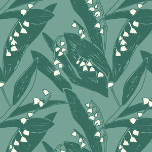 Lily of the Valley wallpaper by Annika Reed in green, full repeat of lily of the valley