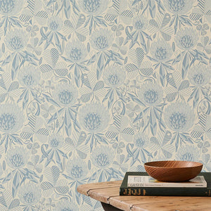 Clover wallpaper by St. Jude's in blue, pattern sample of clover leaves and flowers