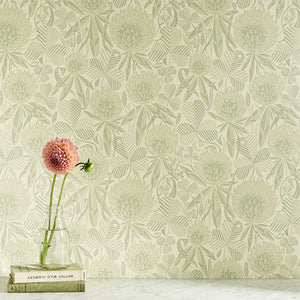 Clover wallpaper by St. Jude's in pale green, full repeat of clover leaves and flowers