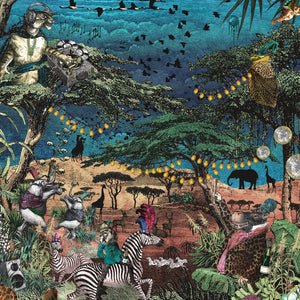 Club Safari wallpaper by Brand McKenzie in turquoise, close-up of a lush safari scene