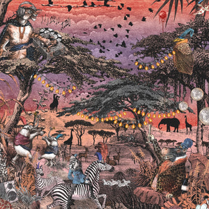 Club Safari wallpaper by Brand McKenzie in orange and pink, a lush safari scene on a living room wall