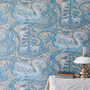 Compton Verney wallpaper by St. Jude's in blue, full repeat of birds and foliage