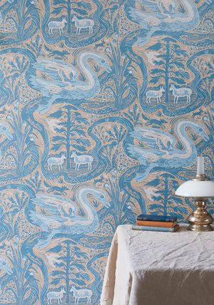 Compton Verney wallpaper by St. Jude's in blue, full repeat of birds and foliage