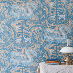Compton Verney wallpaper by St. Jude's in blue, flat sample of birds and foliage