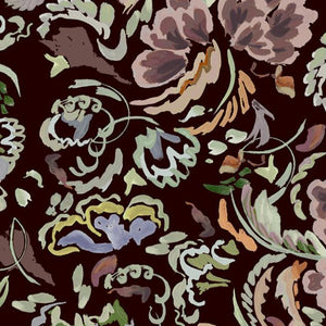 Bloomsbury Petite wallpaper by Parker and Jules in brown, flat sample of painterly flowers