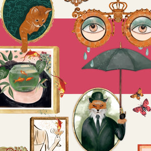 Connecting Frames wallpaper by Brand McKenzie in pink, detail of a gallery wall of framed portraits
