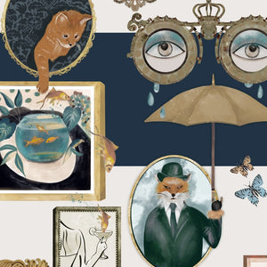 Connecting Frames wallpaper by Brand McKenzie in navy, a gallery wall of framed portraits behind a sofa in a living room