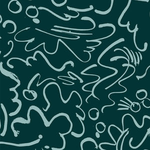 Conquete Dark Green linen by Claire de Quénetain in green and blue, full repeat of a hand-painted floral design