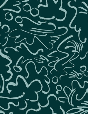 Conquete Dark Green linen by Claire de Quénetain in green and blue, full repeat of a hand-painted floral design