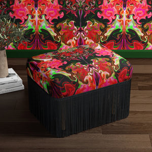 Coral Gables Eco velvet by Liberty James Studio in pink and green, a bold mirrored floral upholstered on a fringed footstool