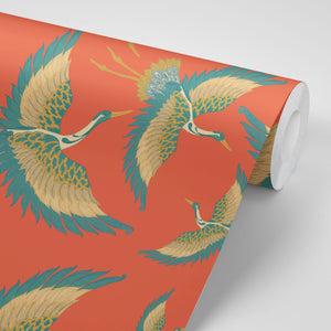 Pachamama wallpaper by Tatie Lou in coral, flat sample of flying cranes