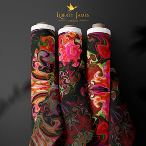 Coral Gables Eco velvet by Liberty James Studio in pink and green, draped close-up of a bold mirrored floral