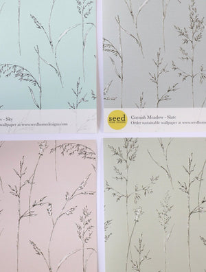 Cornish Meadow wallpaper by Seed Home Designs in blue, roll showing fine meadow grasses