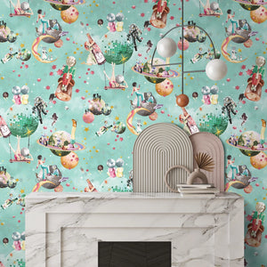 Cosmic Groove wallpaper by Brand McKenzie in aqua, retro figures floating in space above a white mantelpiece