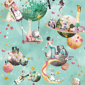Cosmic Groove wallpaper by Brand McKenzie in aqua, close-up of retro figures floating in space