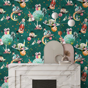 Cosmic Groove wallpaper by Brand McKenzie in dark green, close view of retro figures floating in space