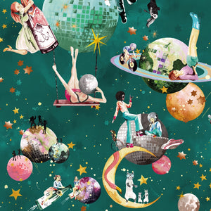 Cosmic Groove wallpaper by Brand McKenzie in dark green, pattern detail of retro figures floating in space