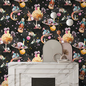 Cosmic Groove wallpaper by Brand McKenzie in charcoal, retro figures floating in space around a fireplace