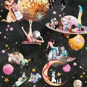 Cosmic Groove wallpaper by Brand McKenzie in black, close-up of retro figures floating in space
