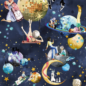 Cosmic Groove wallpaper by Brand McKenzie in navy, detail of retro figures floating in space