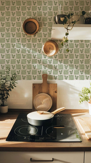 Picnic in the Flowers wallpaper by Studio Le Cocq in green, a small floral lattice behind bar stools