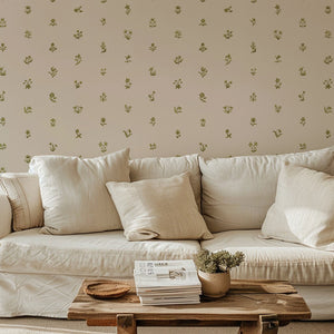 Cottage Ditsy wallpaper by Studio Le Cocq in green, scattered ditsy flowers in a living room