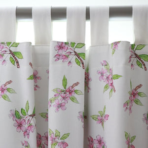 Crab Apple Blossom fabric by Seed Home Designs in pink and green, crab apple blossom sprigs as lined curtains