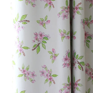 Crab Apple Blossom fabric by Seed Home Designs in pink and green, crab apple blossom sprigs made into curtains