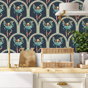 Crab Cabana wallpaper by Brand McKenzie in blue, close-up of crabs under scalloped arches