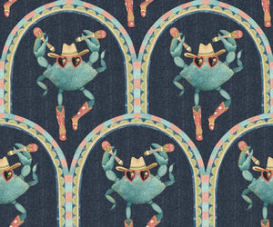 Crab Cabana wallpaper by Brand McKenzie in blue, detail of crabs under scalloped arches