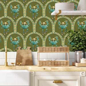 Crab Cabana wallpaper by Brand McKenzie in olive, close view of crabs under scalloped arches