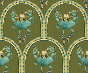 Crab Cabana wallpaper by Brand McKenzie in olive, pattern detail of crabs under scalloped arches