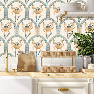Crab Cabana wallpaper by Brand McKenzie in beige, crabs under scalloped arches in a kitchen