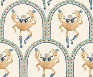 Crab Cabana wallpaper by Brand McKenzie in beige, close-up of crabs under scalloped arches