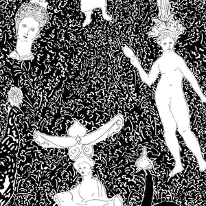 Creatures of the Wind linen by Claire de Quénetain in black, full repeat of silhouetted creatures