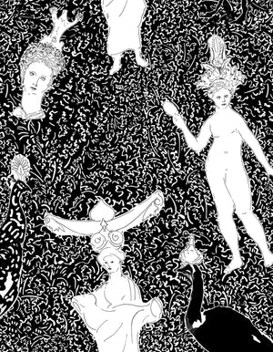 Creatures of the Wind linen by Claire de Quénetain in black, full repeat of silhouetted creatures
