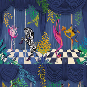 Creature Club wallpaper by Brand McKenzie in blue, close view of animals on a checkerboard stage