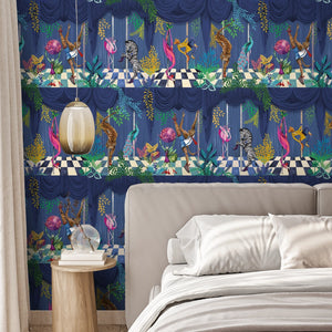 Creature Club wallpaper by Brand McKenzie in blue, animals on a checkerboard stage on a bedroom wall