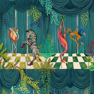 Creature Club wallpaper by Brand McKenzie in green, close-up of animals on a checkerboard stage