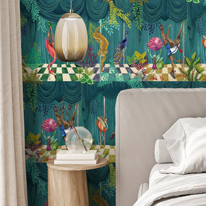 Creature Club wallpaper by Brand McKenzie in green, animals on a checkerboard stage in a bedroom