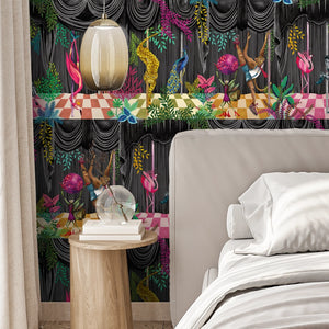 Creature Club wallpaper by Brand McKenzie in grey and black, animals on a checkerboard stage on a bedroom wall