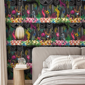 Creature Club wallpaper by Brand McKenzie in grey and black, animals on a checkerboard stage in a bedroom
