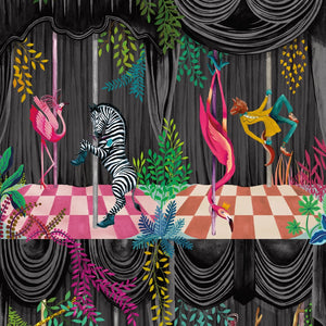 Creature Club wallpaper by Brand McKenzie in grey and black, detail of animals on a checkerboard stage