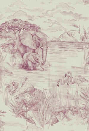 Lyons Den wallpaper by Victoria Sanders in pink, close-up of a hot-air balloon and safari toile