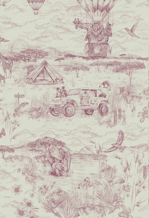 Lyons Den wallpaper by Victoria Sanders in pink, full repeat of a hot-air balloon and safari toile