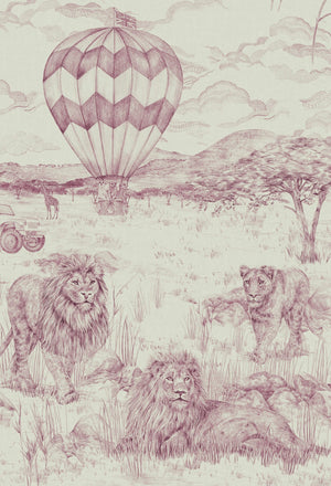 Lyons Den linen by Victoria Sanders in pink, detail of a hot-air balloon and safari toile