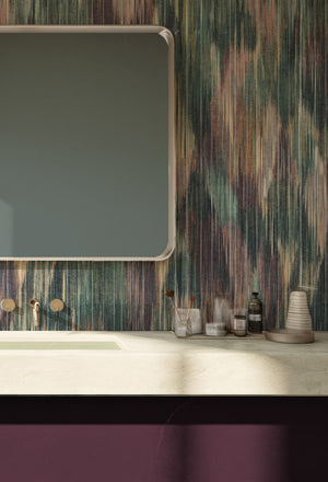 Spectre Ikat wallpaper by Victoria Sanders in red, a blurred ikat design in a bathroom